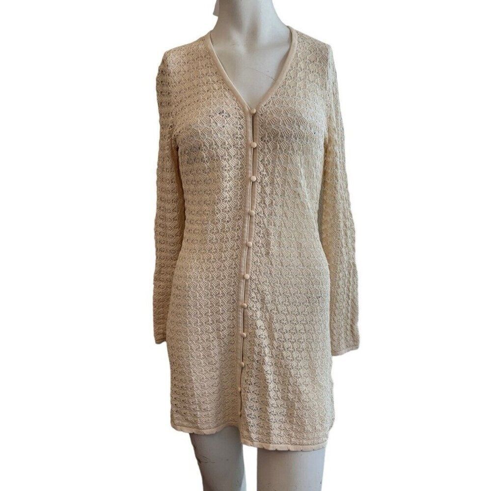 Size 10 Tan Embroidered Open Weave Lace Dress Button Front Boho Sheer Stretch